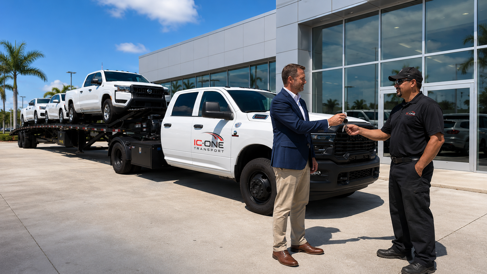 IC ONE Transport driver receiving vehicle keys at a dealership
